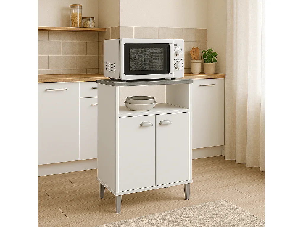 Armario Microondas Blanco con Tapa Gris Grafito y 2 Puertas – 58x41x95 cm – Mueble Auxiliar de Cocina en Melamina Moderna