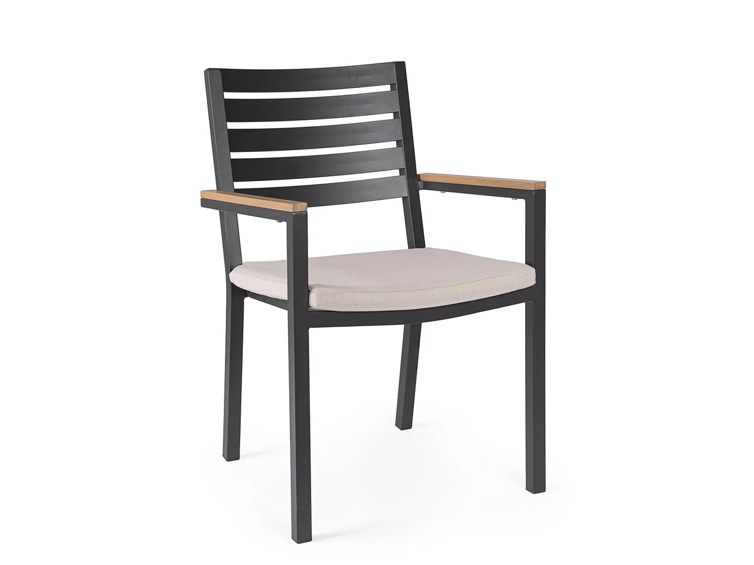 Conjunto de 4 sillas de jardín con cojín beige y reposabrazos con efecto madera  - ELDA
