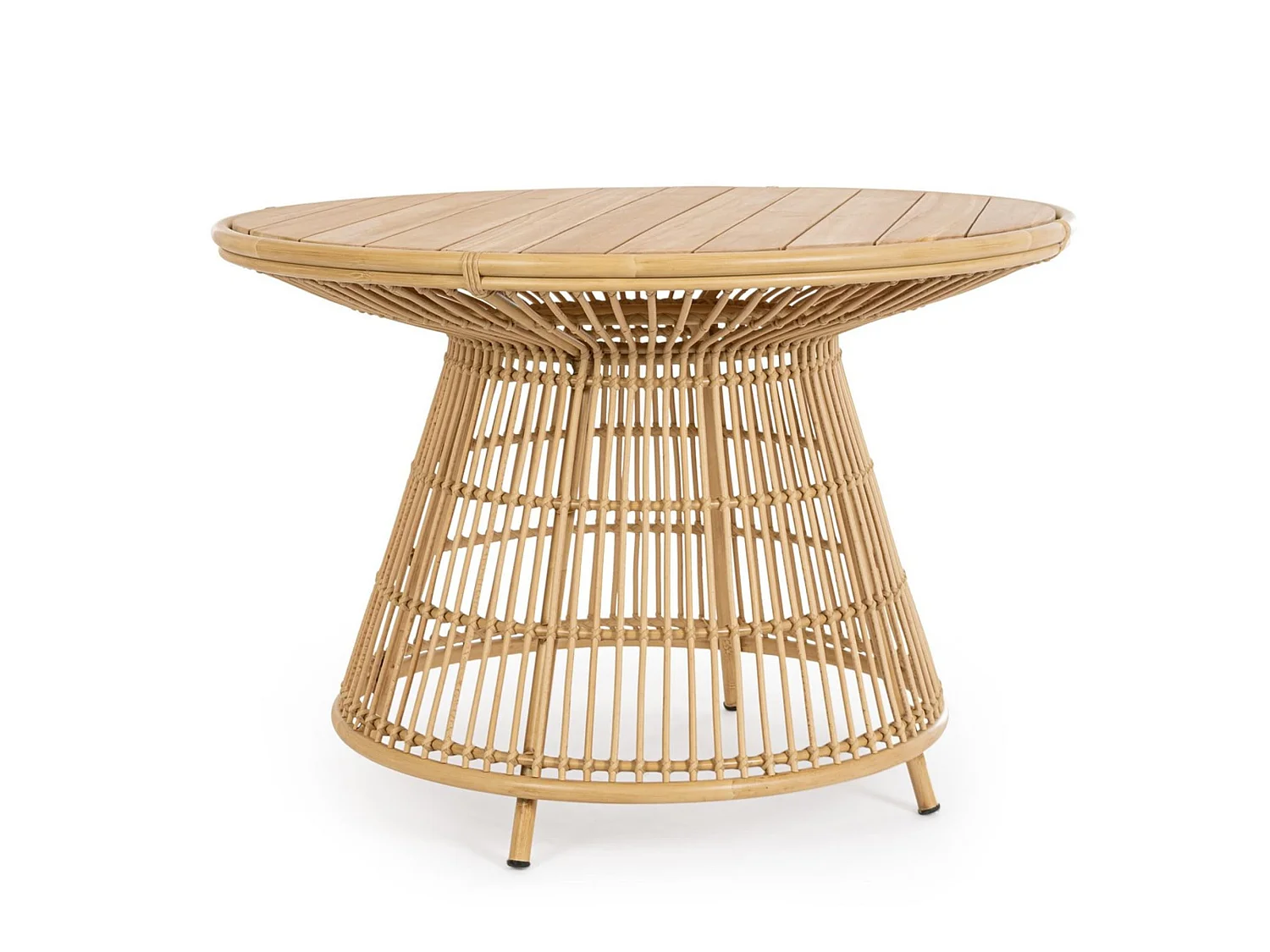 Table de jardin ronde en teck naturel et fibre effet rotin - LAMEGO