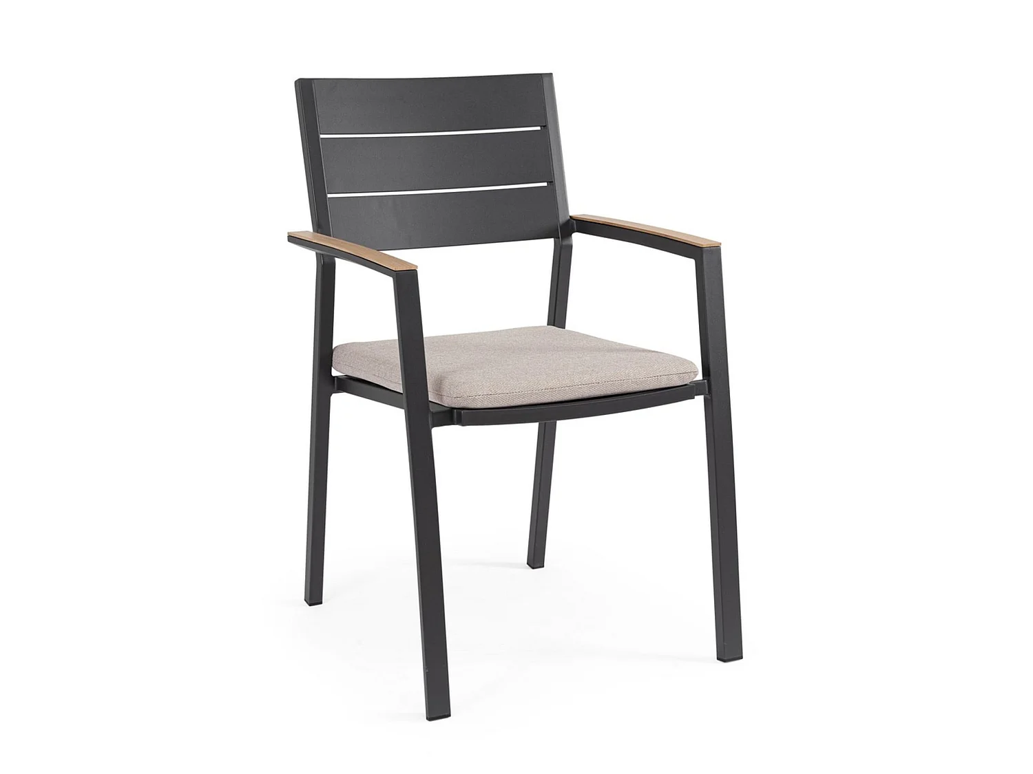 Ensemble de 4 chaises de jardin avec coussin taupe et accoudoirs effet bois - ZELMAR