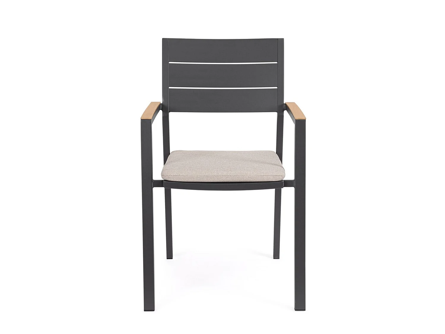Ensemble de 4 chaises de jardin avec coussin taupe et accoudoirs effet bois - ZELMAR