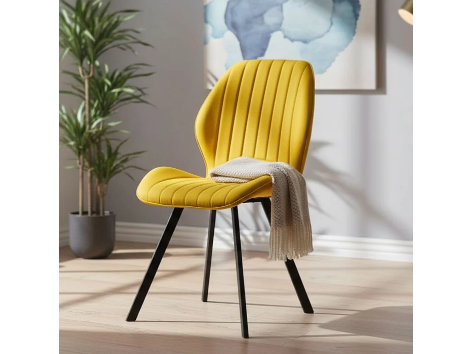Pack de 4 Sillas de Comedor Tapizadas en Color Mostaza – Patas Metálicas Negras – Diseño Moderno, Cálido y Confortable
