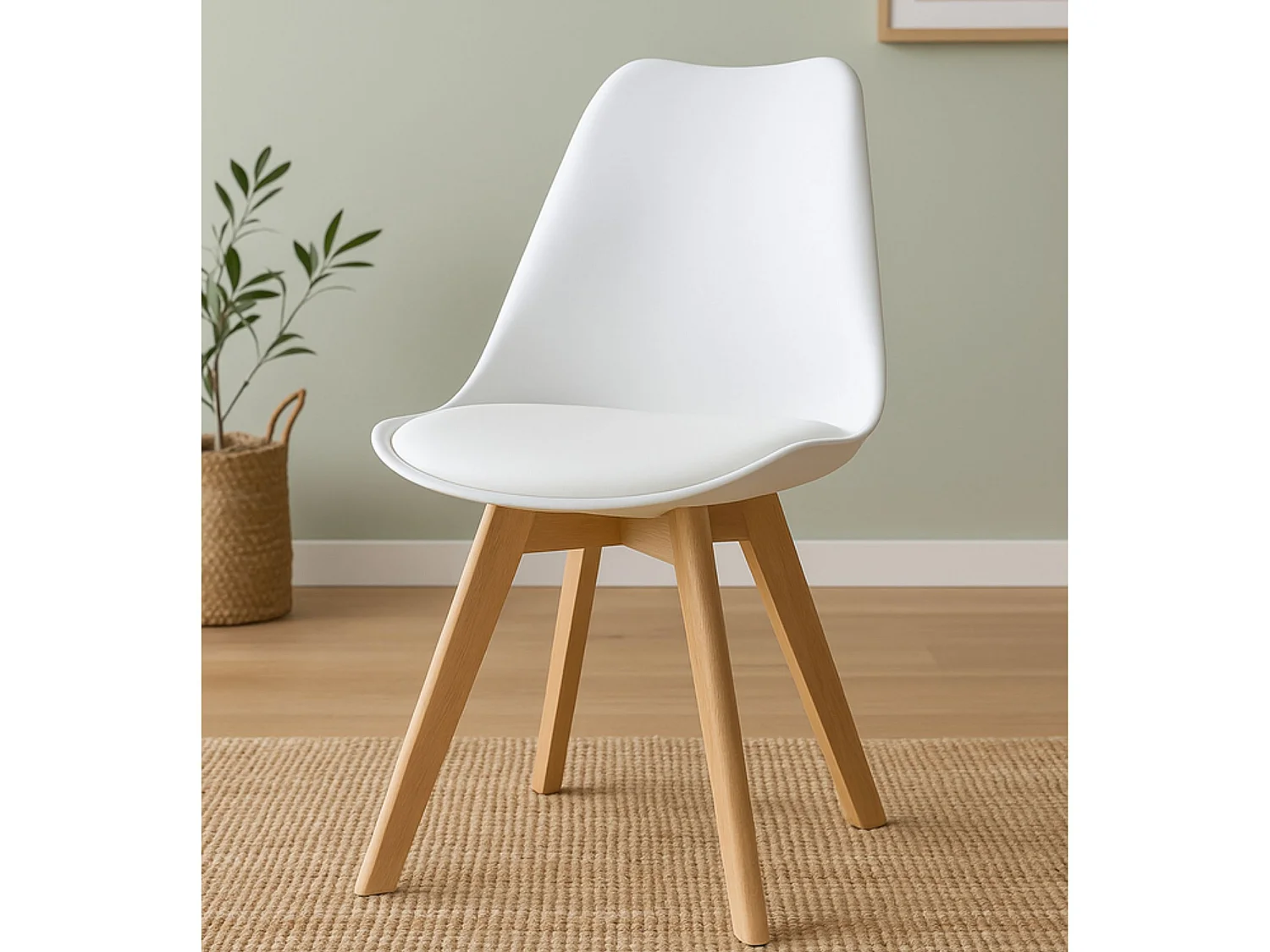 Pack 4 sillas blancas con patas de madera de haya y asiento acolchado – diseño nórdico, moderno y cómodo para comedor o cocina