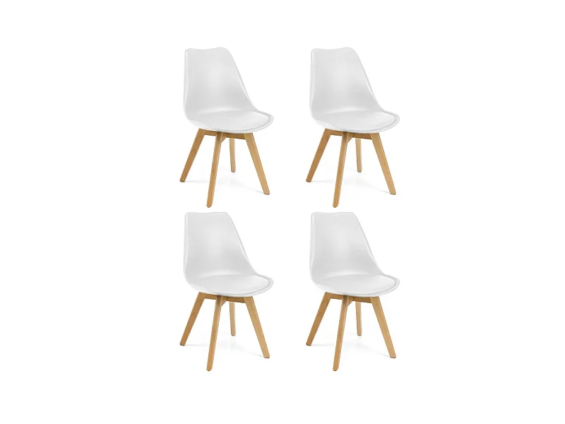 Pack 4 sillas blancas con patas de madera de haya y asiento acolchado – diseño nórdico, moderno y cómodo para comedor o cocina