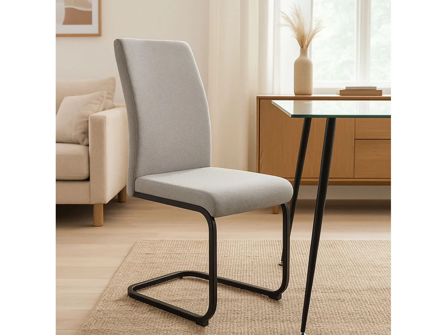 Pack 4 sillas tapizadas gris ceniza con estructura metálica negra – diseño moderno y cómodo para comedor o salón