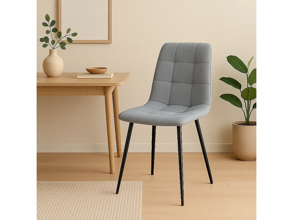 Pack de 4 Sillas de Comedor Tapizadas en Gris Ceniza – Patas Metálicas Negras – Diseño Moderno, Elegante y Ergonómico