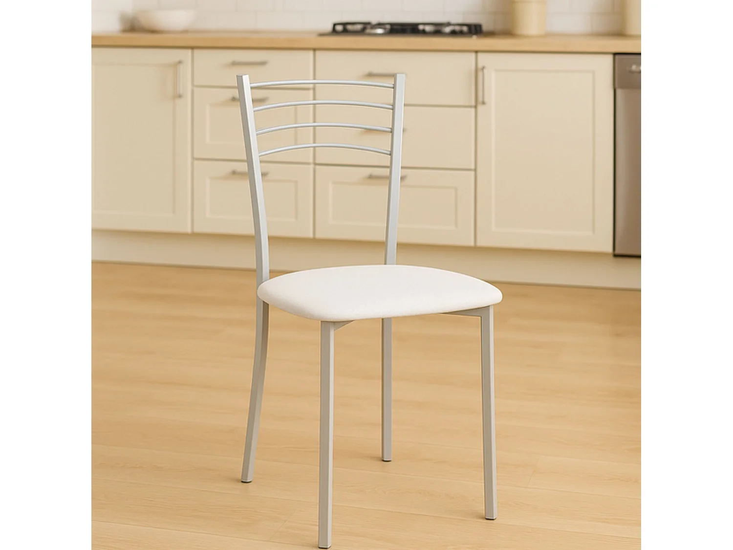 Pack 4 sillas blancas con patas metálicas color plata – diseño moderno y cómodo para comedor o cocina