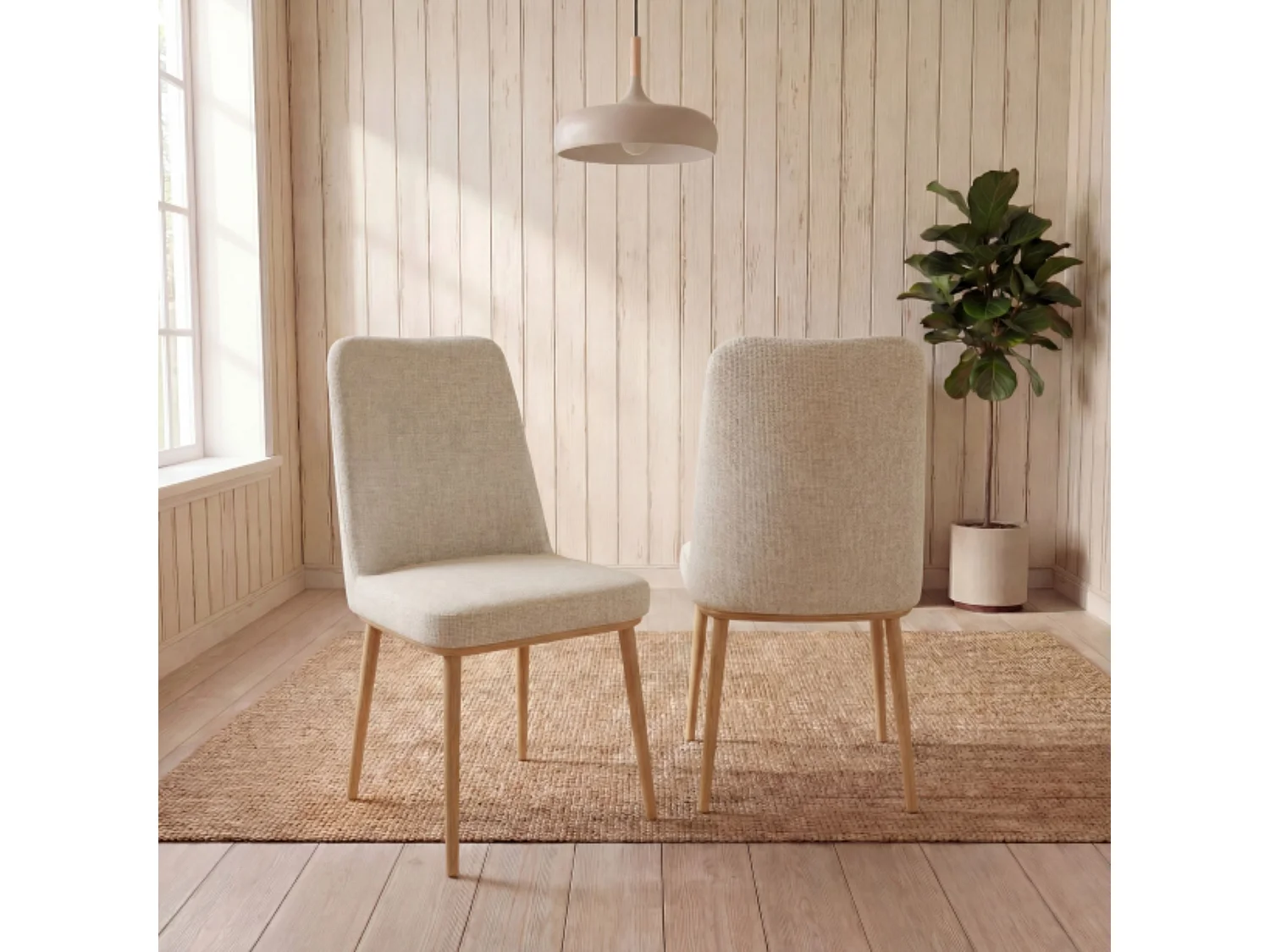 Pack 4 sillas tapizadas beige arena con patas efecto roble aserrado – diseño moderno y cómodo para comedor o salón