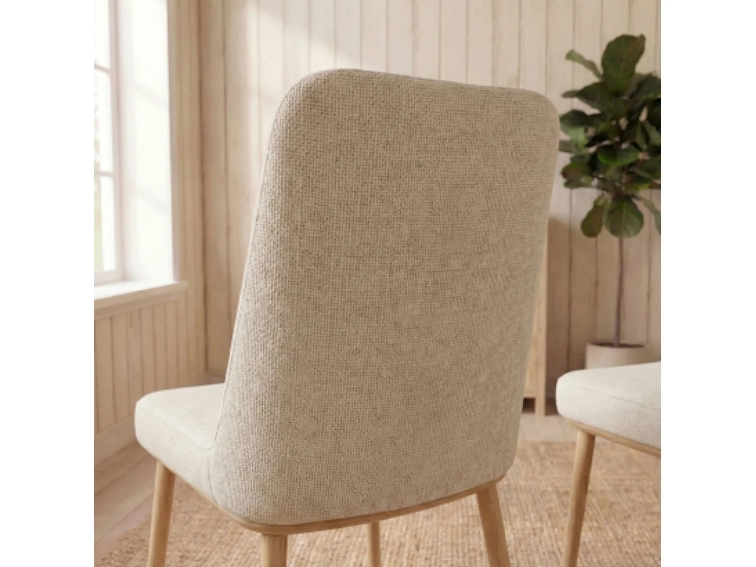 Pack 4 sillas tapizadas beige arena con patas efecto roble aserrado – diseño moderno y cómodo para comedor o salón