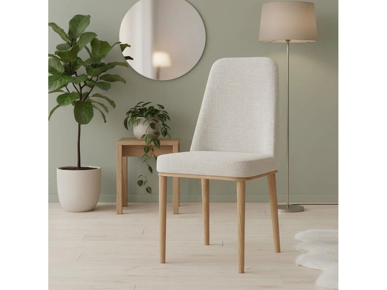 Pack 4 sillas tapizadas beige arena con patas efecto roble aserrado – diseño moderno y cómodo para comedor o salón