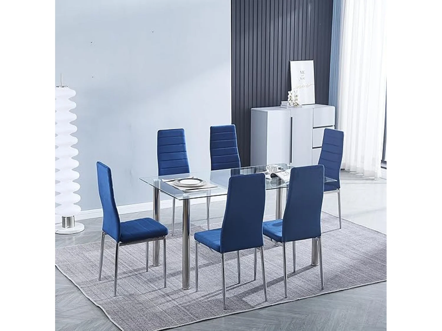 Juego de 6 Sillas de Comedor Tapizadas en Terciopelo Azul – Sillas Modernas con Patas Cromadas, Estilo Elegante y Confortable.