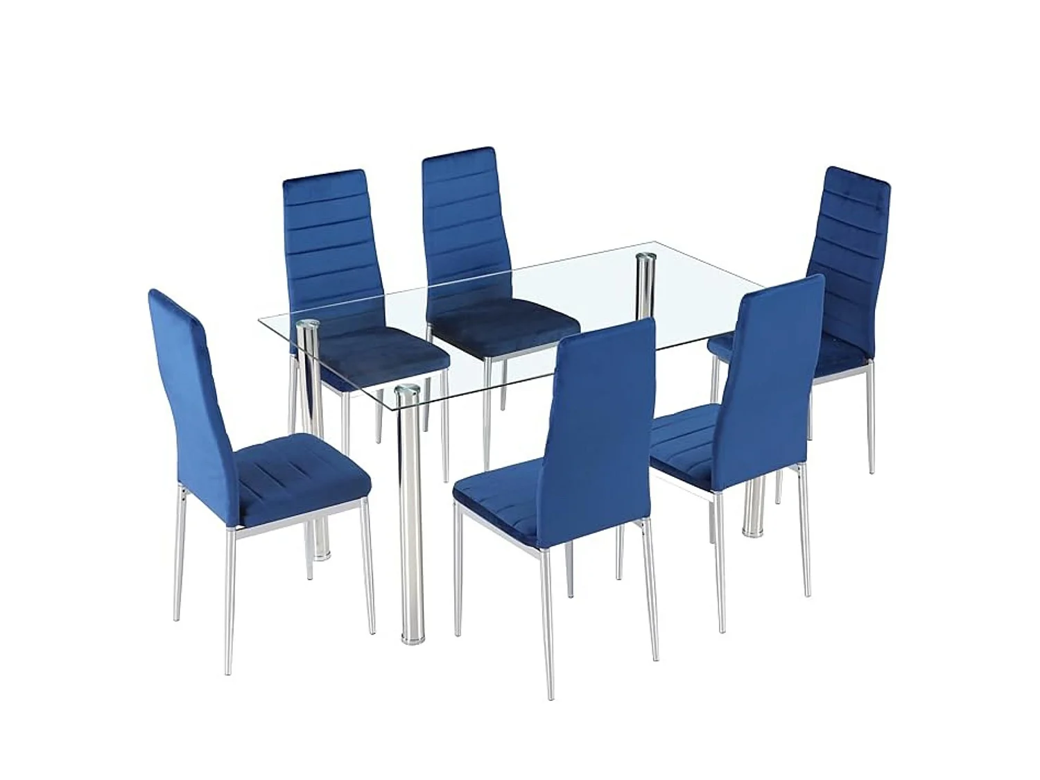 Juego de 6 Sillas de Comedor Tapizadas en Terciopelo Azul – Sillas Modernas con Patas Cromadas, Estilo Elegante y Confortable.