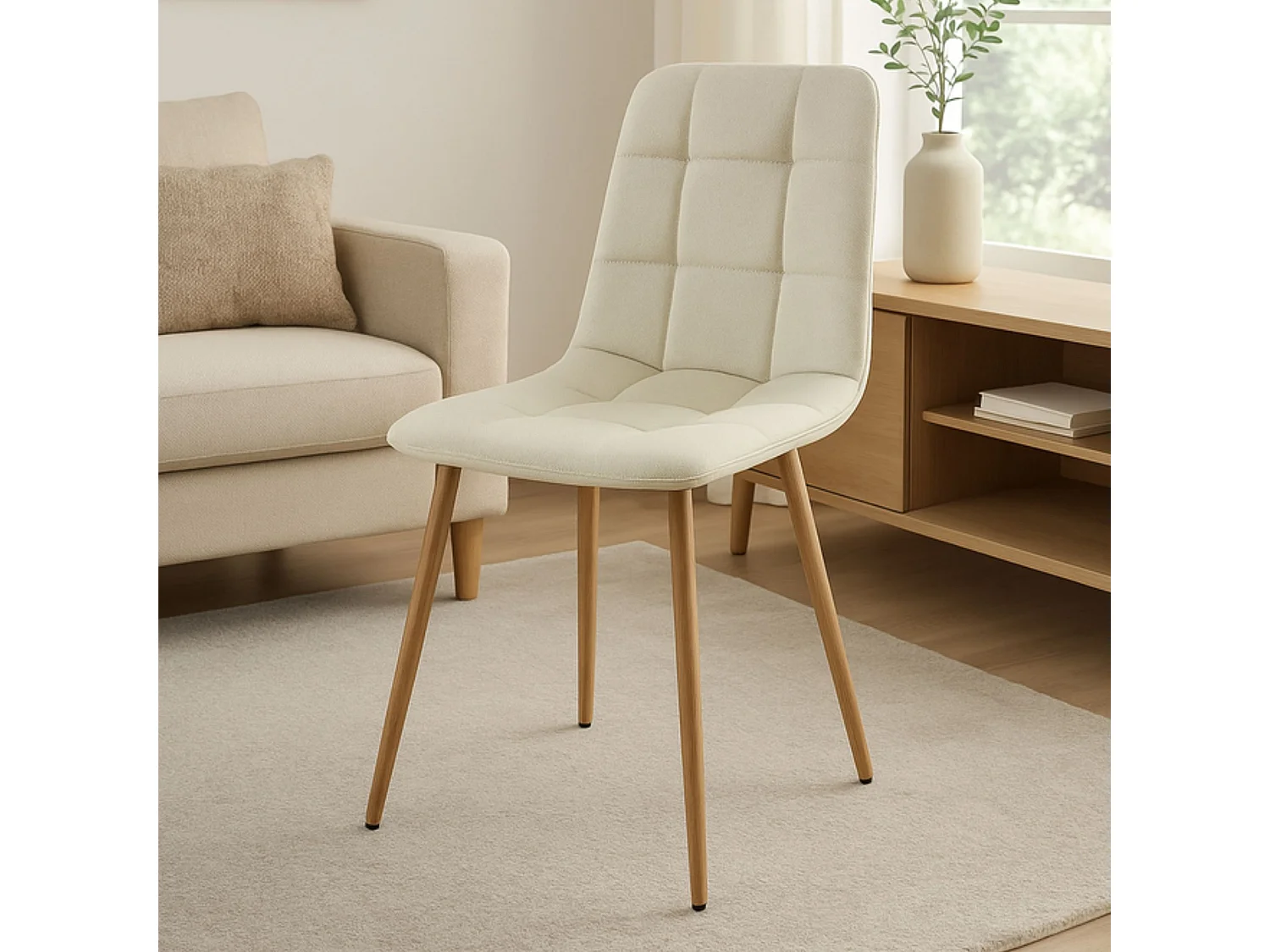 Pack de 4 Sillas de Comedor Tapizadas en Color Beige Arena – Patas Metálicas Efecto Roble Aserrado – Diseño Moderno y Confortable