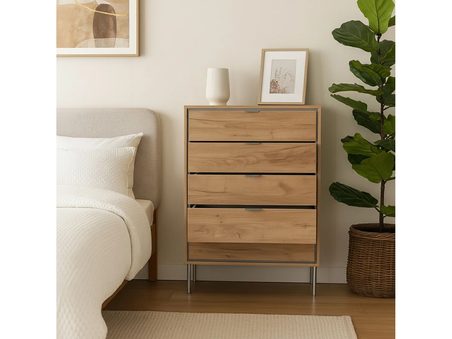 Cómoda de 5 Cajones en Roble Natural con Patas y Tiradores de Aluminio Níquel – 80x39,5x106 cm – Diseño Moderno y Funcional en Melamina