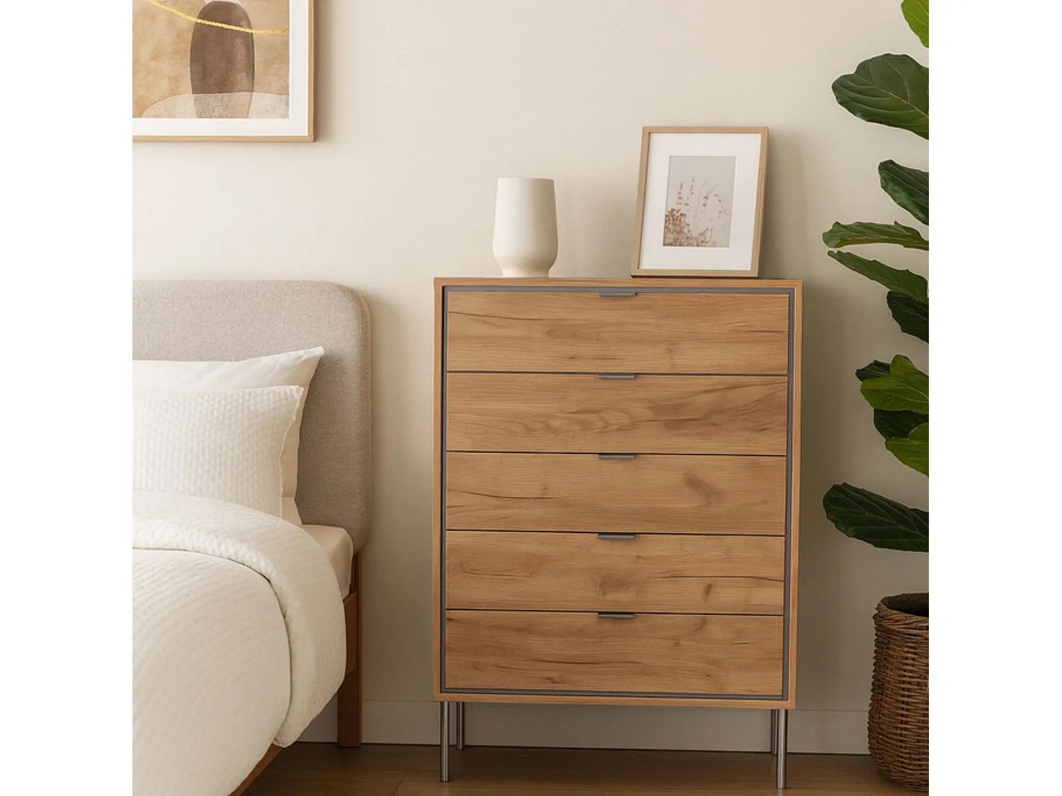 Cómoda de 5 Cajones en Roble Natural con Patas y Tiradores de Aluminio Níquel – 80x39,5x106 cm – Diseño Moderno y Funcional en Melamina