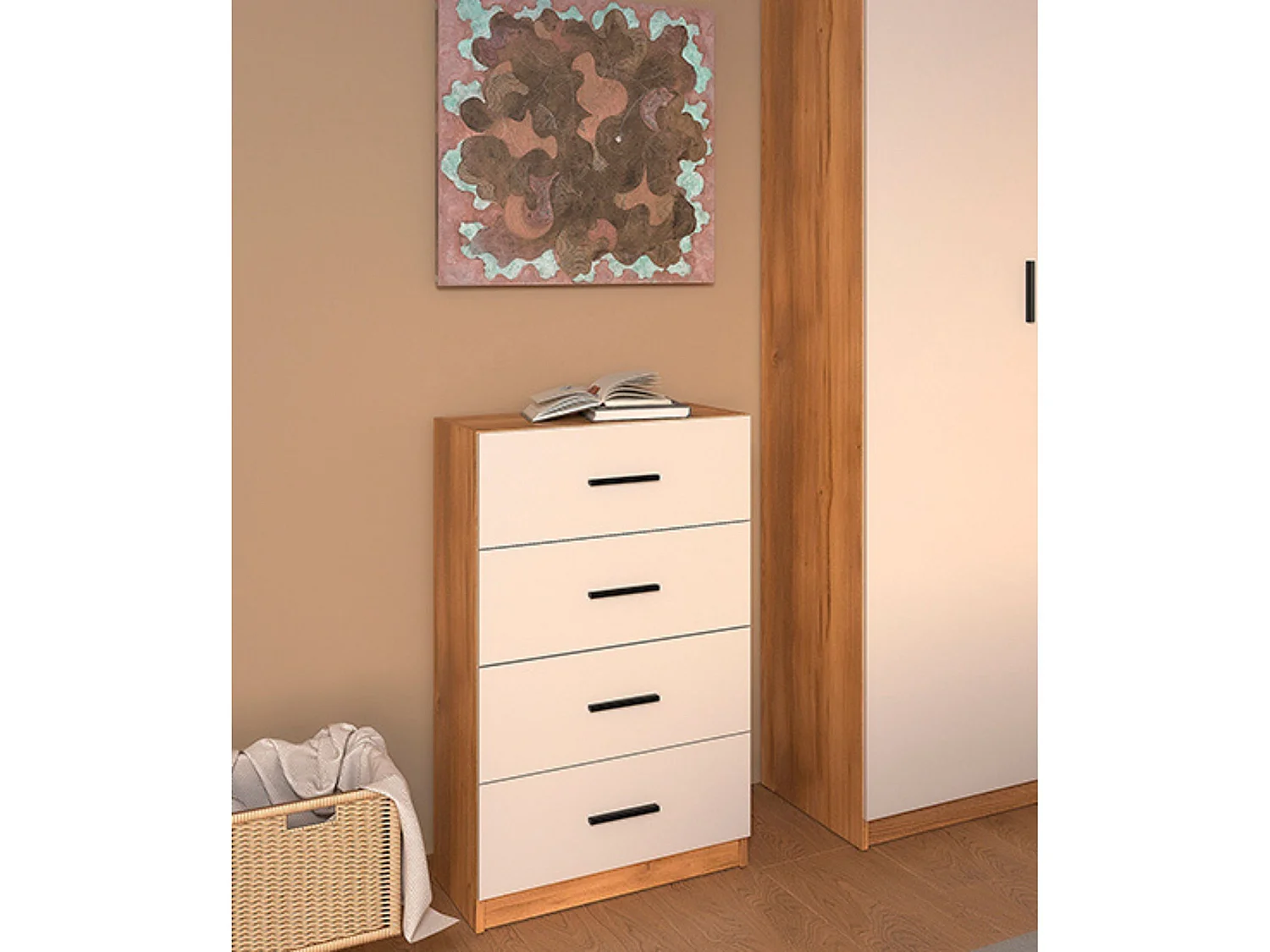 Sinfonier 4 Cajones Mauvella Beige – 60x34,4x100 cm – Cómoda Moderna para Dormitorio, Fabricada en Melamina Resistente, Diseño Funcional y Elegante
