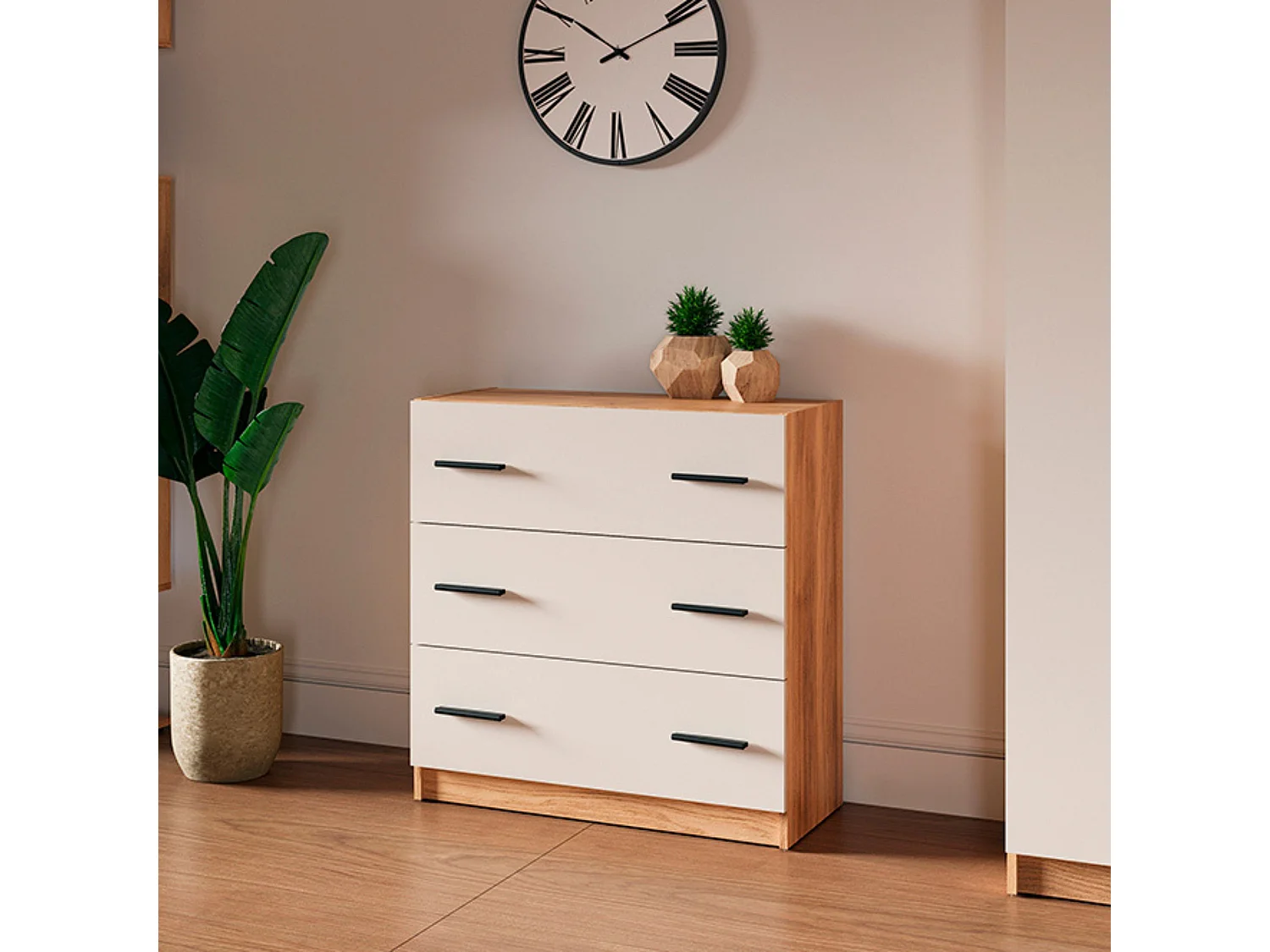 Cómoda 3 Cajones Mauvella Beige – 80x34,4x81 cm – Cajonera Moderna para Dormitorio, Fabricada en Melamina Resistente, Diseño Elegante y Funcional