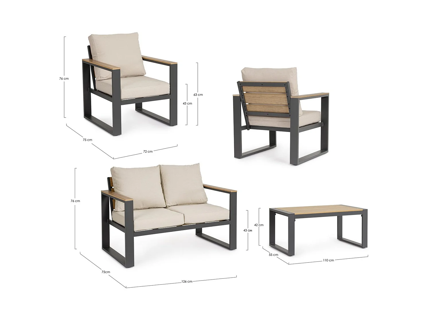 Garten-Sitzgruppe mit beigen Kissen, Details in Holzoptik  - LEIRIA