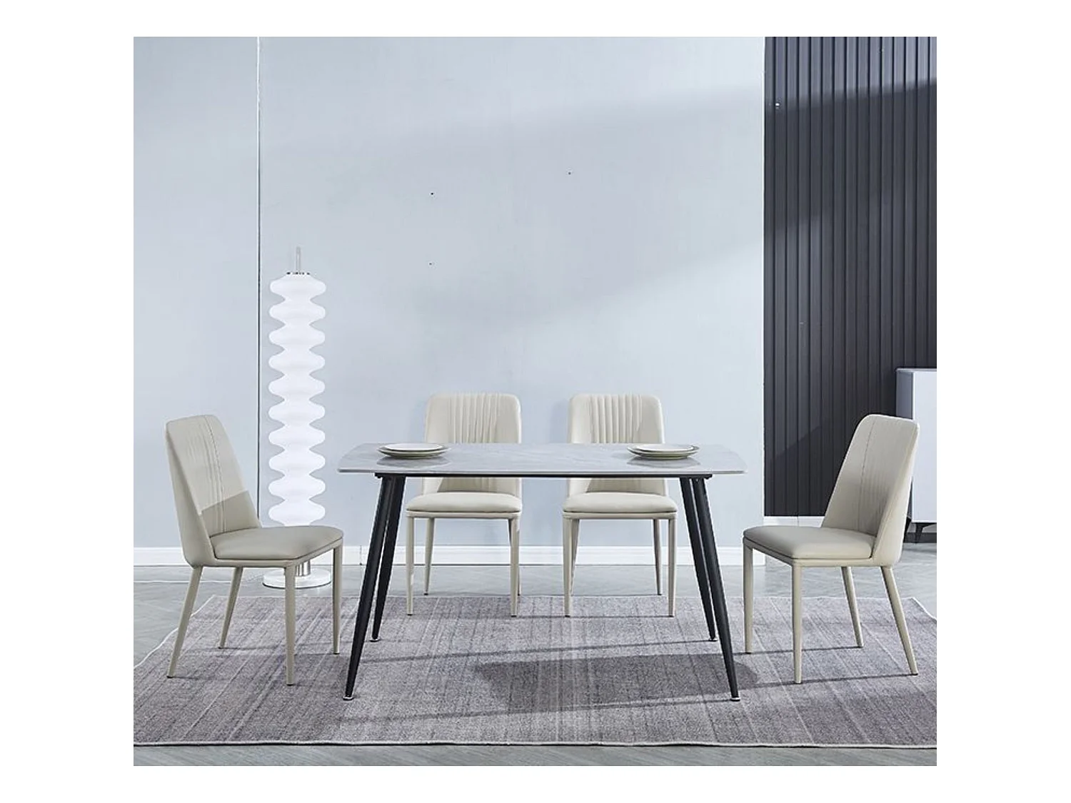Conjunto de Comedor – Mesa Fija con Tapa Cerámica Imitación Mármol y Patas Metálicas Negras + 4 Sillas Tapizadas en PU (Tórtora)