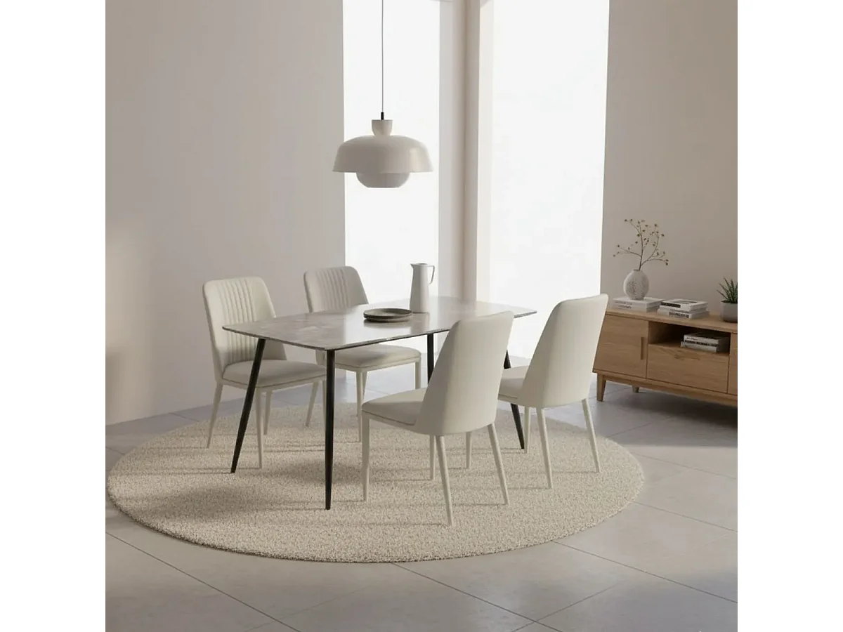 Conjunto de Comedor – Mesa Fija con Tapa Cerámica Imitación Mármol y Patas Metálicas Negras + 4 Sillas Tapizadas en PU (Tórtora)