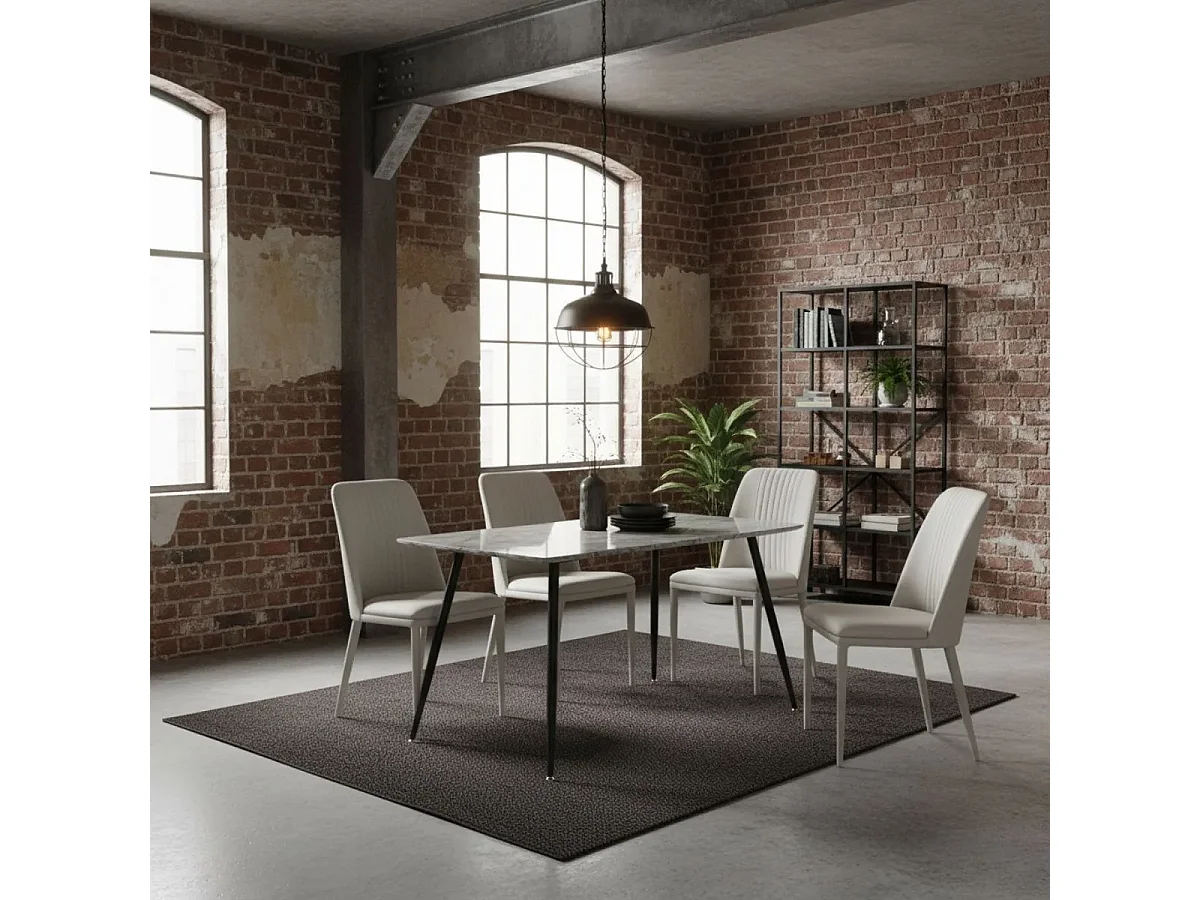 Conjunto de Comedor – Mesa Fija con Tapa Cerámica Imitación Mármol y Patas Metálicas Negras + 4 Sillas Tapizadas en PU (Tórtora)