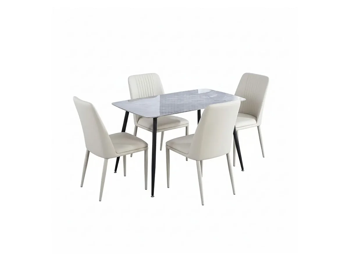 Conjunto de Comedor – Mesa Fija con Tapa Cerámica Imitación Mármol y Patas Metálicas Negras + 4 Sillas Tapizadas en PU (Tórtora)