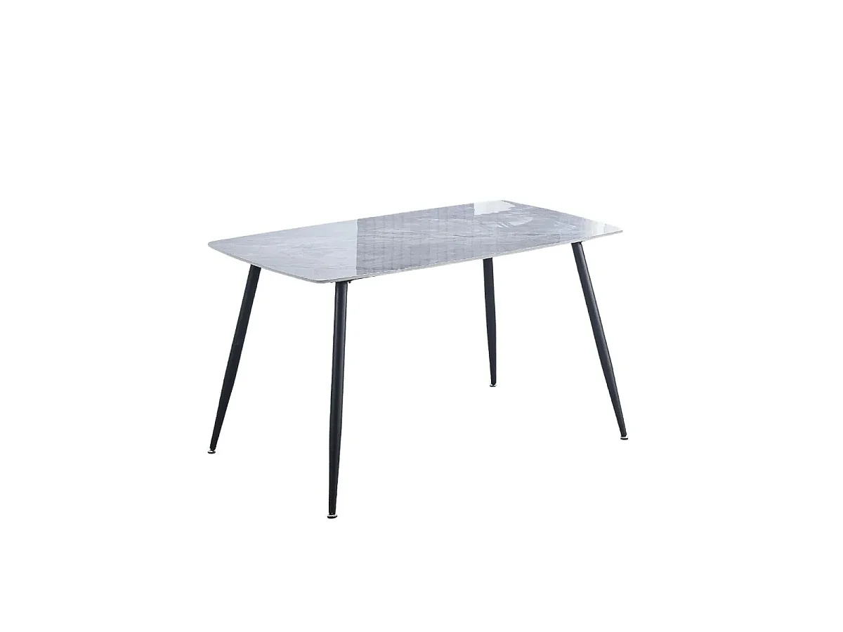 Conjunto de Comedor – Mesa Fija con Tapa Cerámica Imitación Mármol y Patas Metálicas Negras + 4 Sillas Tapizadas en PU (Tórtora)