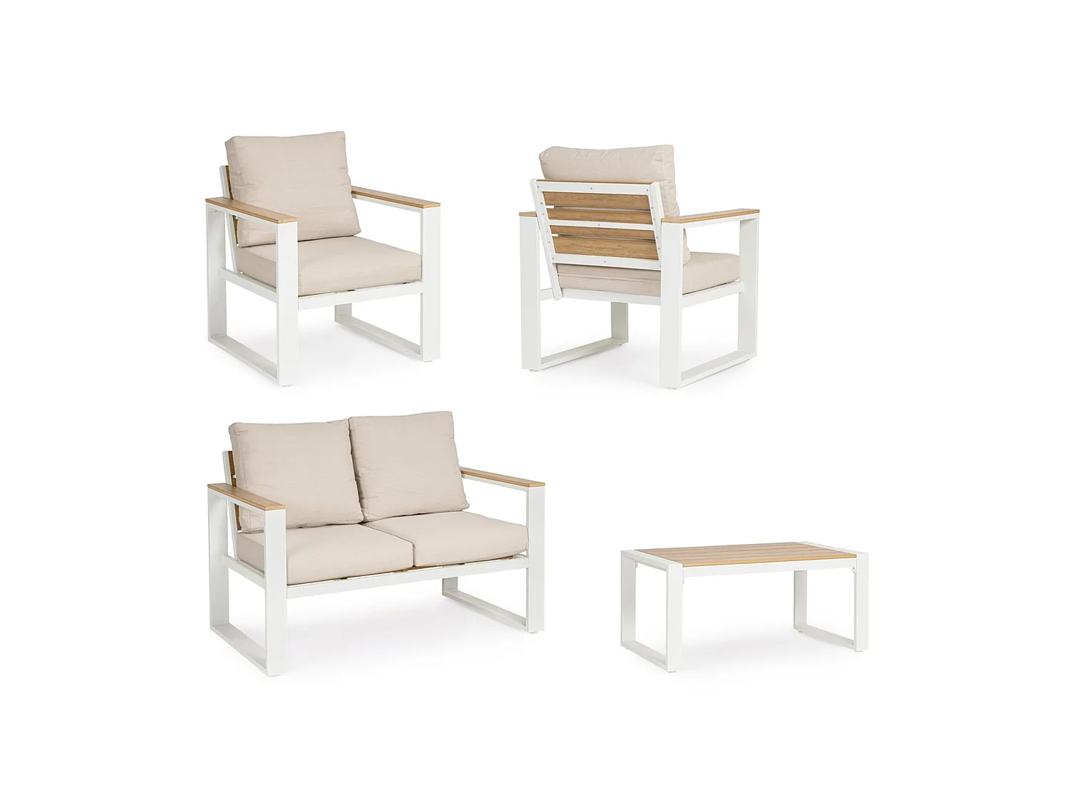 Garten-Sitzgruppe mit beigen Kissen, Details in Holzoptik  - LEIRIA