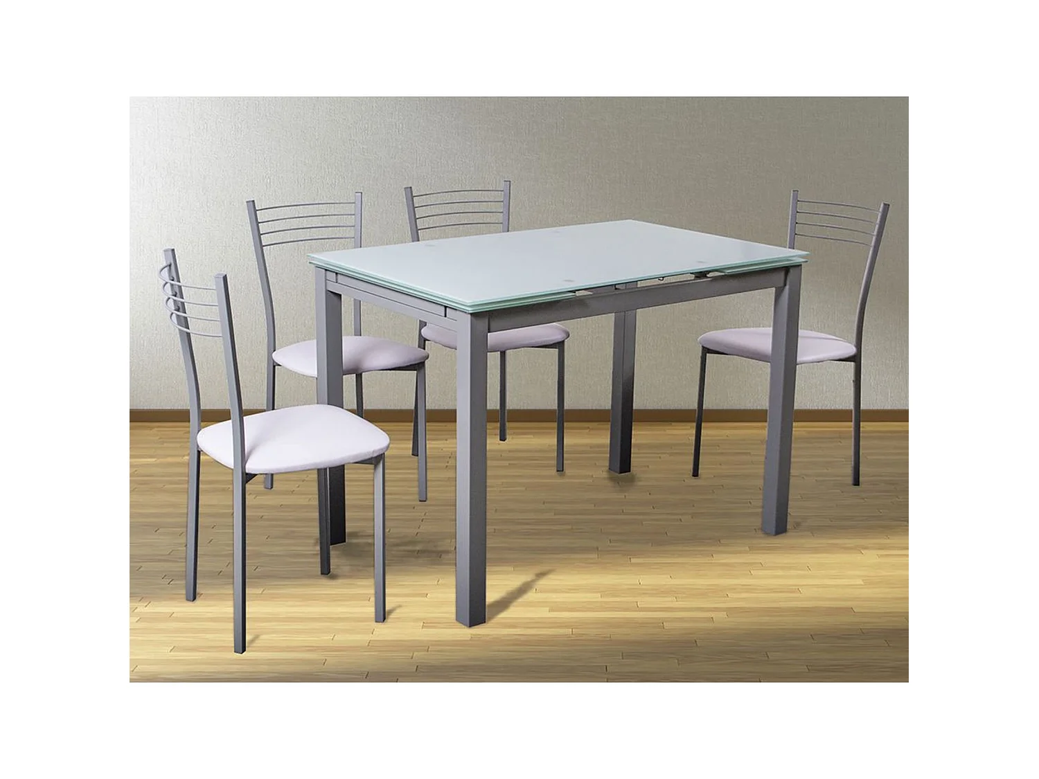 Conjunto Mesa de Cocina Extensible de Cristal 100-170 cm + Pack 4 Taburetes Tapizados en Piel Sintética Blanca con Patas Grises – Diseño Moderno