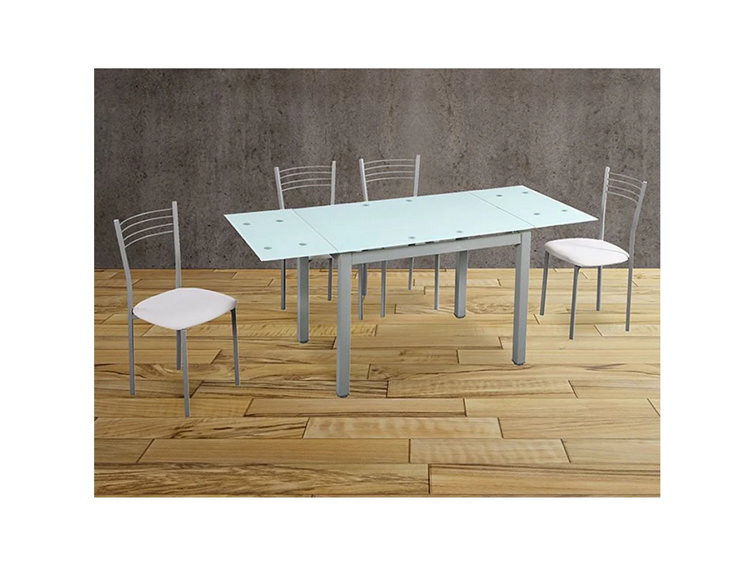Conjunto Mesa de Cocina Extensible de Cristal 100-170 cm + Pack 4 Taburetes Tapizados en Piel Sintética Blanca con Patas Grises – Diseño Moderno