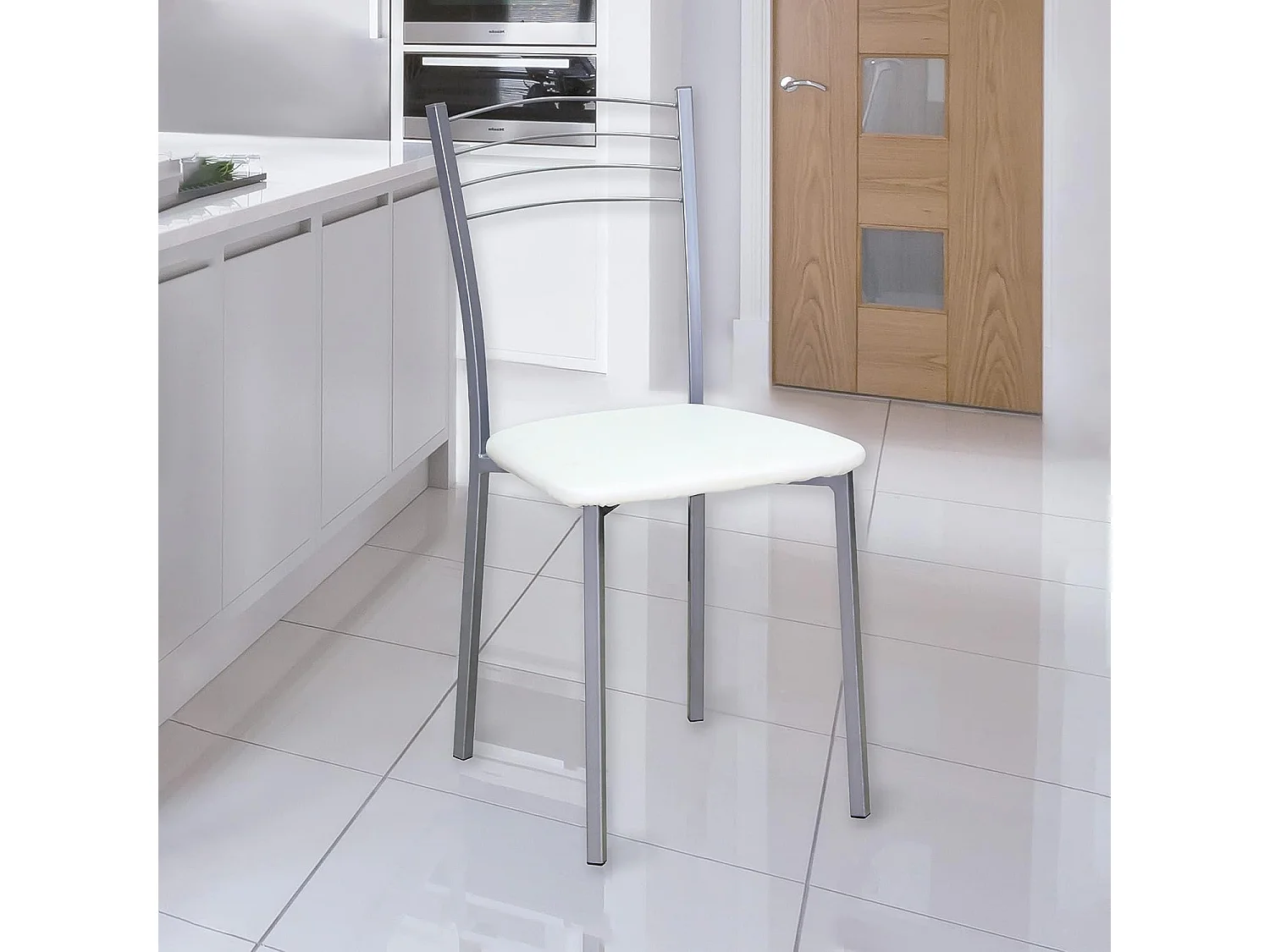 Conjunto Mesa de Cocina Extensible de Cristal 100-170 cm + Pack 4 Taburetes Tapizados en Piel Sintética Blanca con Patas Grises – Diseño Moderno