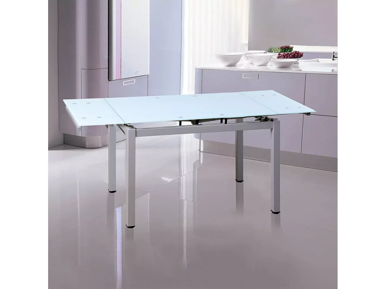 Conjunto Mesa de Cocina Extensible de Cristal 100-170 cm + Pack 4 Taburetes Tapizados en Piel Sintética Blanca con Patas Grises – Diseño Moderno