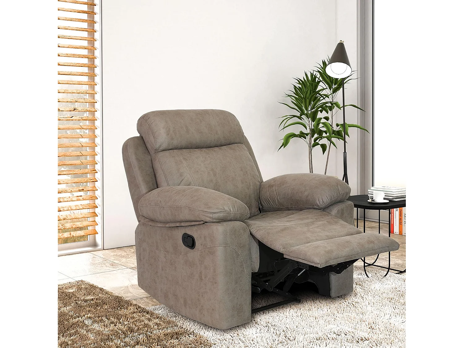 Sillón Relax Reclinable con Palanca y Reposapiés Elevable, Tapizado en Microfibra Cemento – Butaca Ergonómica de Alta Comodidad