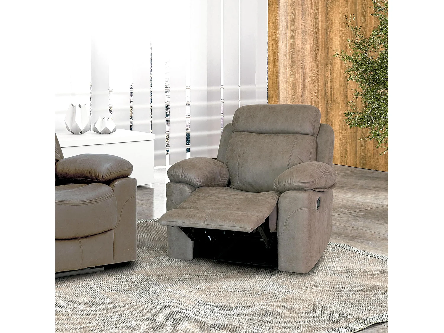 Sillón Relax Reclinable con Palanca y Reposapiés Elevable, Tapizado en Microfibra Cemento – Butaca Ergonómica de Alta Comodidad