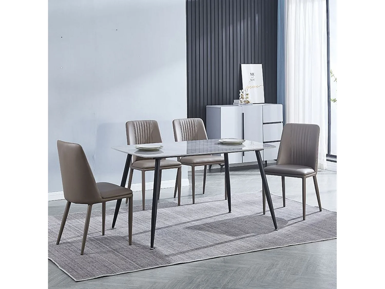 Conjunto de Comedor – Mesa Fija con Tapa Cerámica Imitación Mármol y Patas Metálicas Negras + 4 Sillas Tapizadas en PU (Latte)