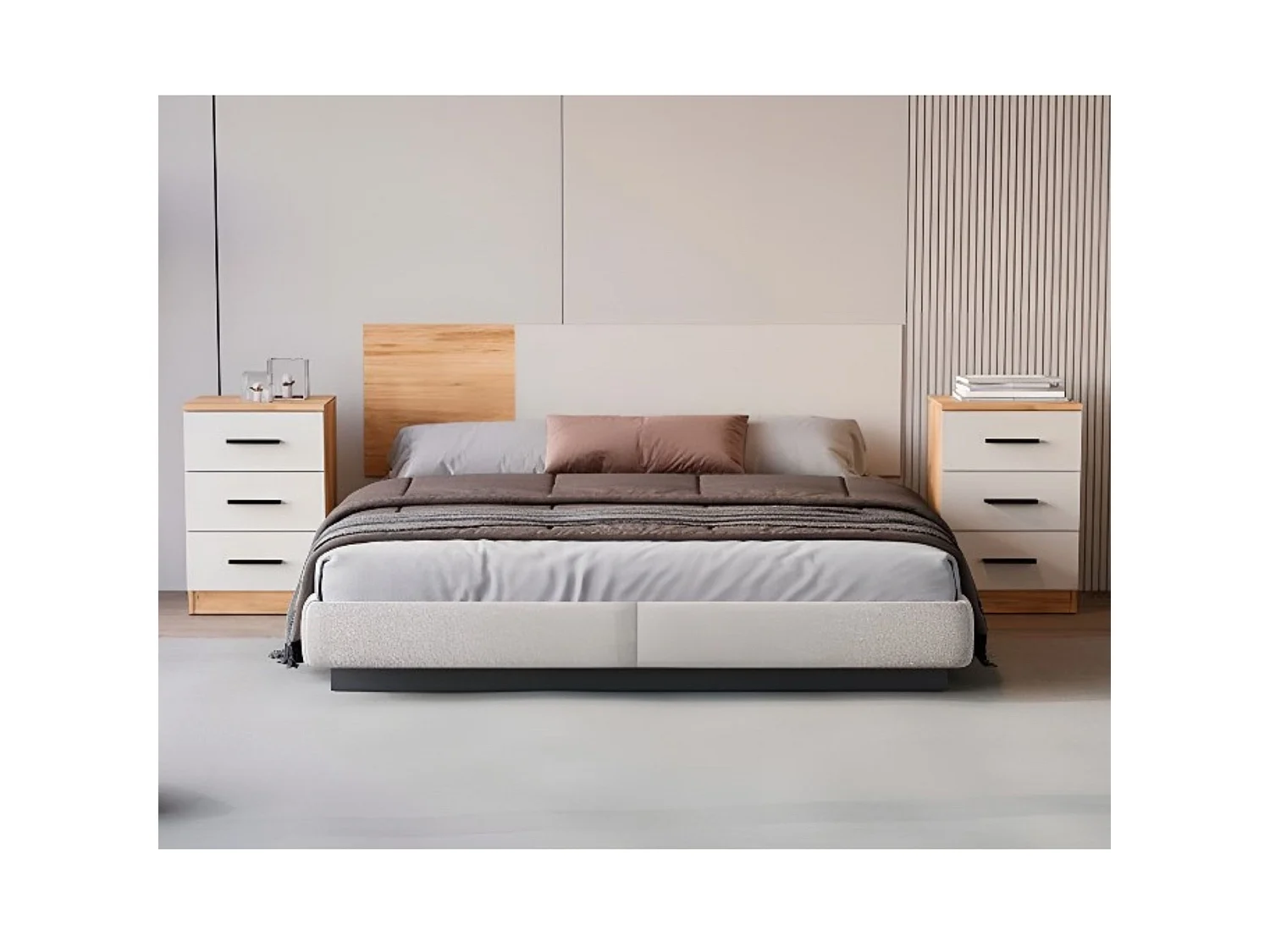 Cabecero de Matrimonio de Melamina con Herrajes + 2 Mesitas de Noche de Melamina con 3 Cajones, Color Mauvella-Beig (Cabecero 45 x 160 x 1,6 cm | Mesi