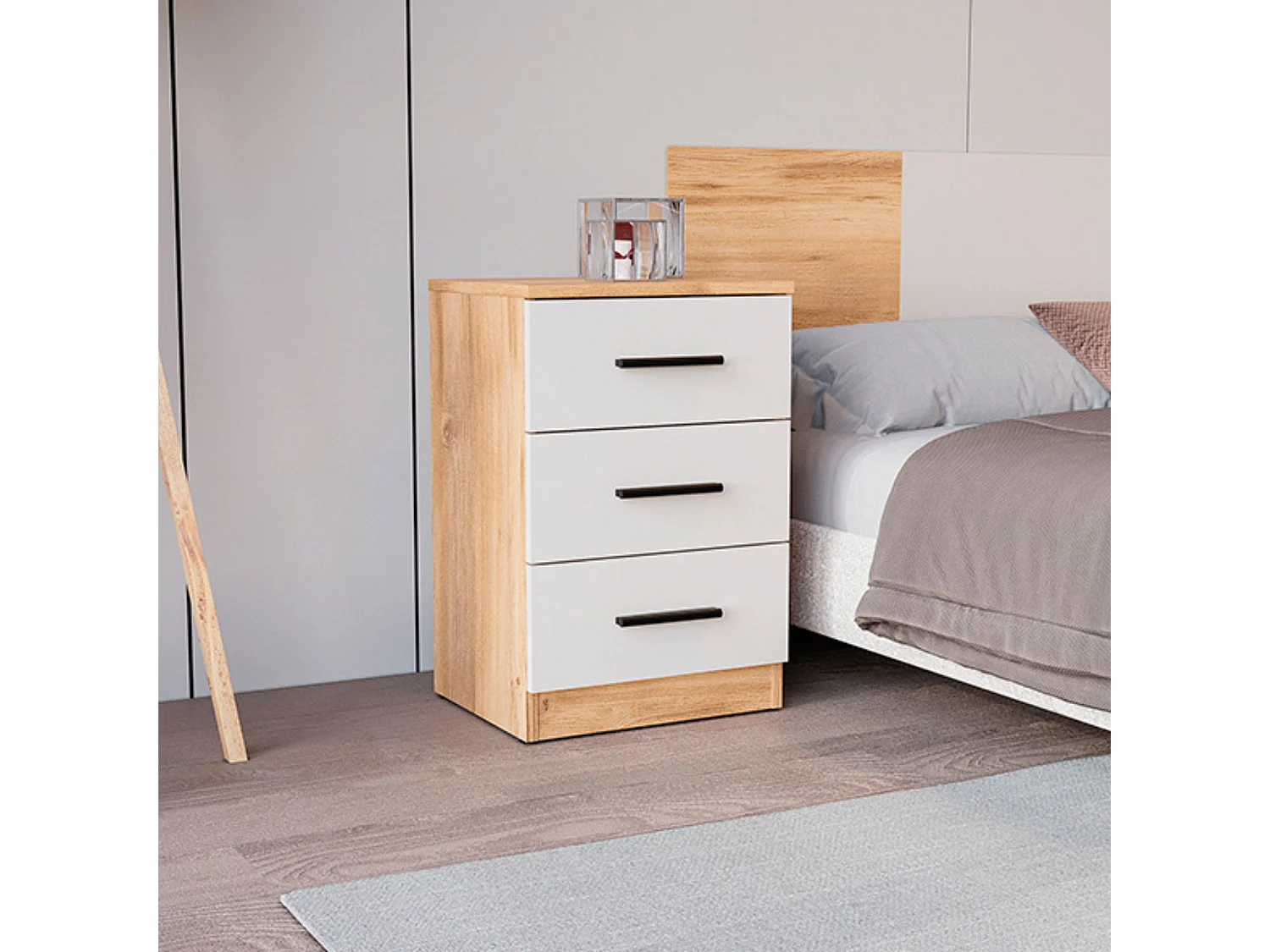 Cabecero de Matrimonio de Melamina con Herrajes + 2 Mesitas de Noche de Melamina con 3 Cajones, Color Mauvella-Beig (Cabecero 45 x 160 x 1,6 cm | Mesi