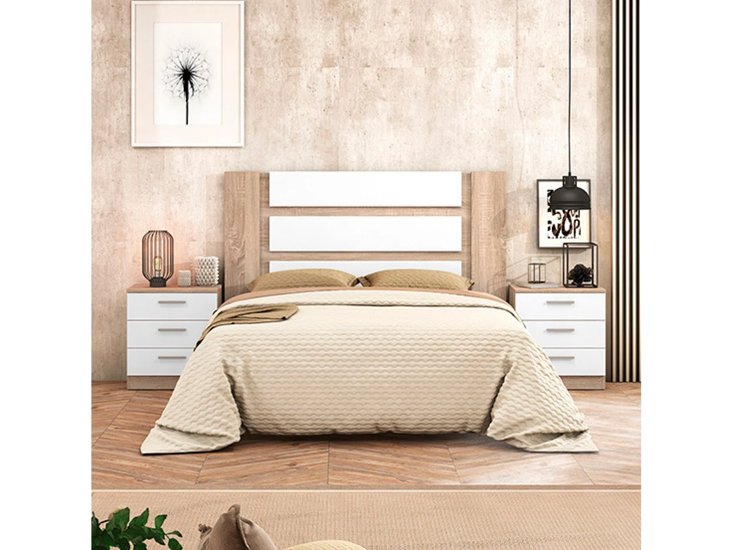 Cabecero de Matrimonio con Patas 160 cm + 2 Mesitas de Noche con 3 Cajones, Color Cambria y Blanco, Estilo Moderno, Formato Kit Fácil Montaje