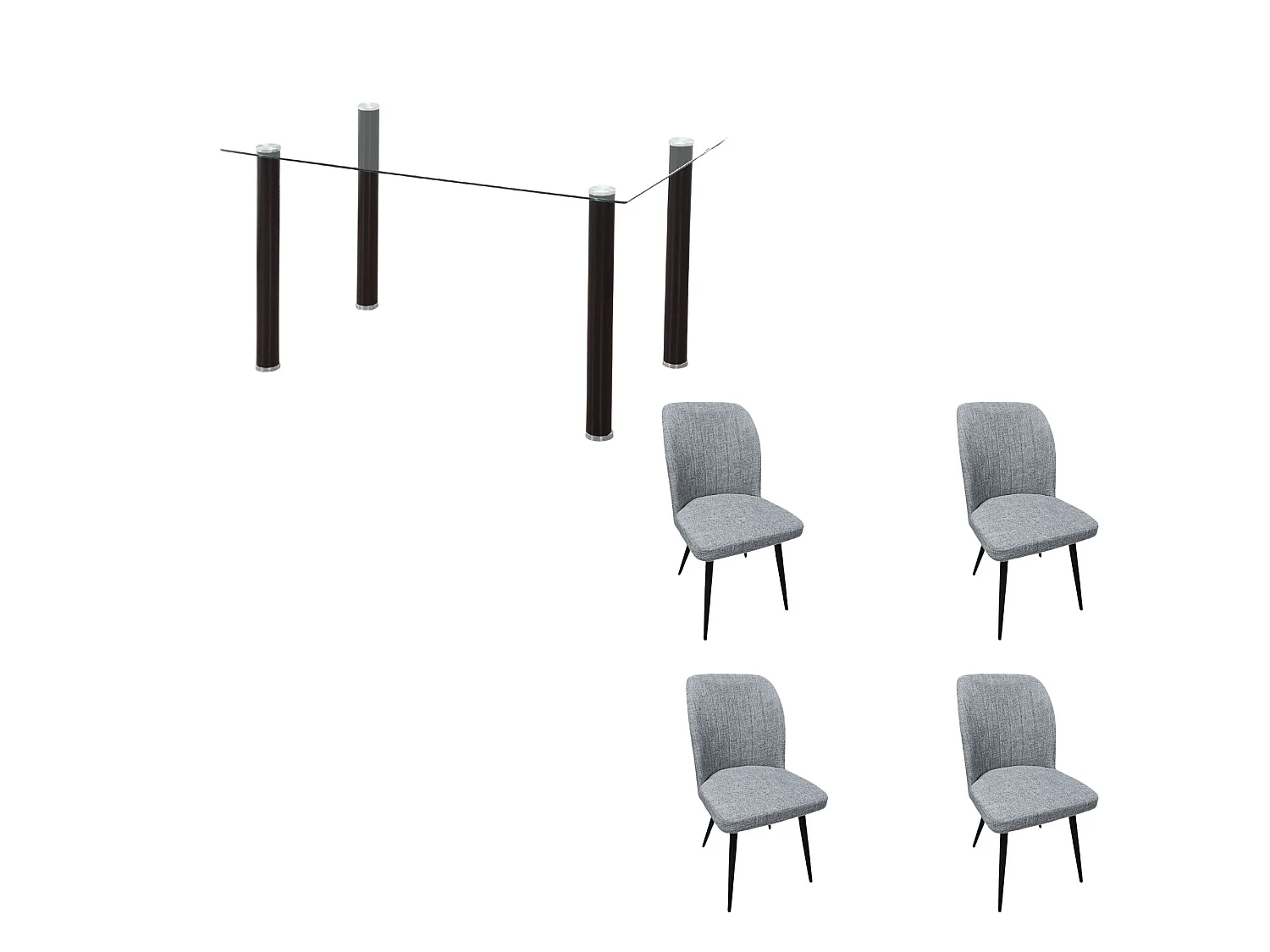 Conjunto de Comedor Moderno – Mesa de Cristal Fija con Patas Metálicas Negras + 4 Sillas Tapizadas en Tela Gris.