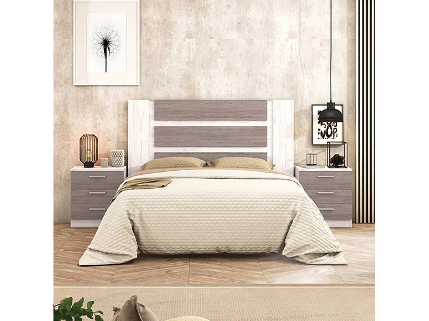 Cabecero de Matrimonio con Patas 160 cm + 2 Mesitas de Noche con 3 Cajones, Color Andersen Pino Gris, Estilo Moderno, Formato Kit Fácil Montaje