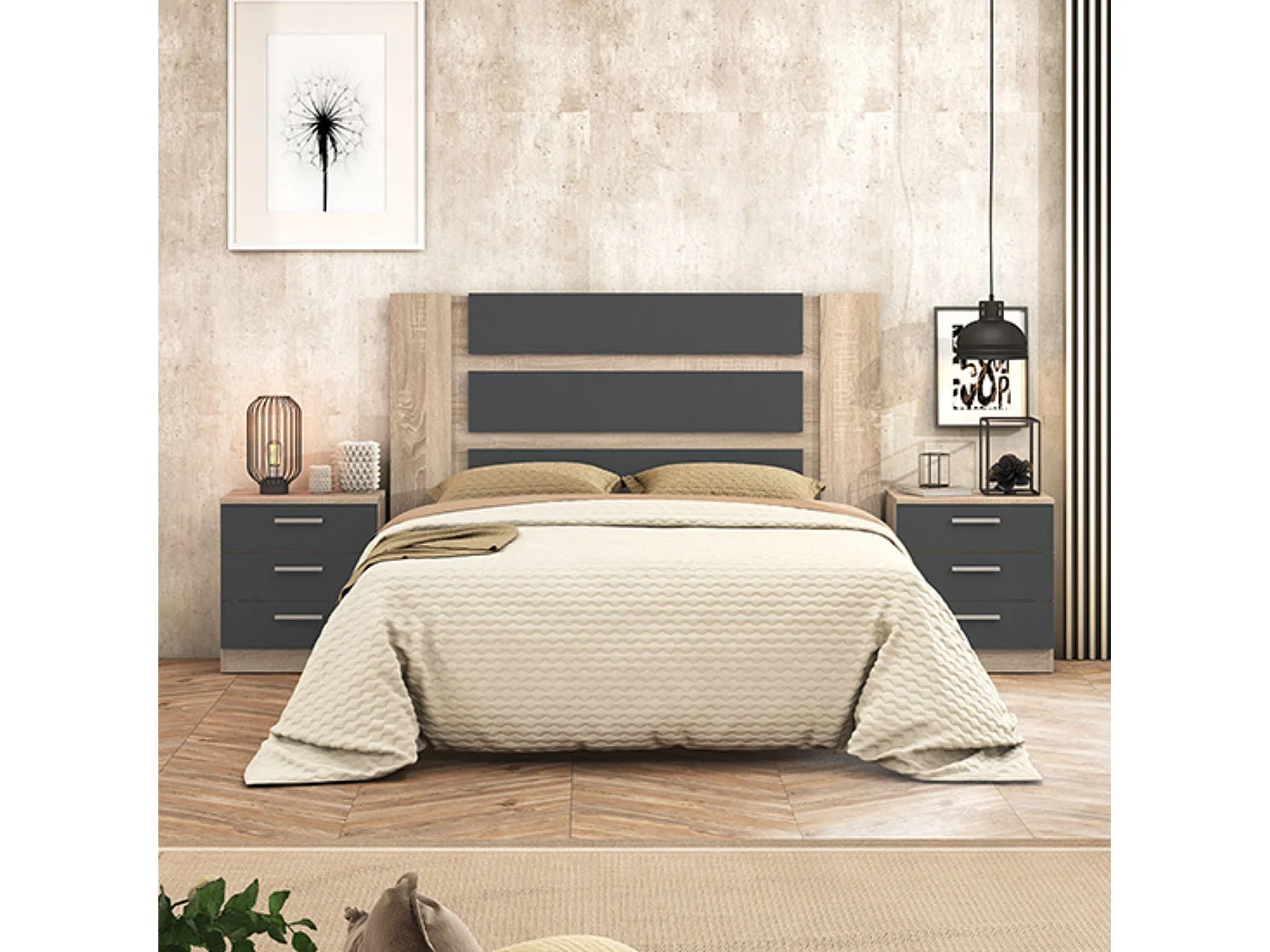 Cabecero de Matrimonio con Patas 160 cm + 2 Mesitas de Noche con 3 Cajones, Color Cambria y Grafito, Estilo Moderno, Formato Kit Fácil Montaje