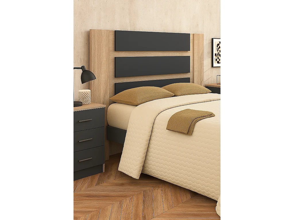 Cabecero de Matrimonio con Patas 160 cm + 2 Mesitas de Noche con 3 Cajones, Color Cambria y Grafito, Estilo Moderno, Formato Kit Fácil Montaje