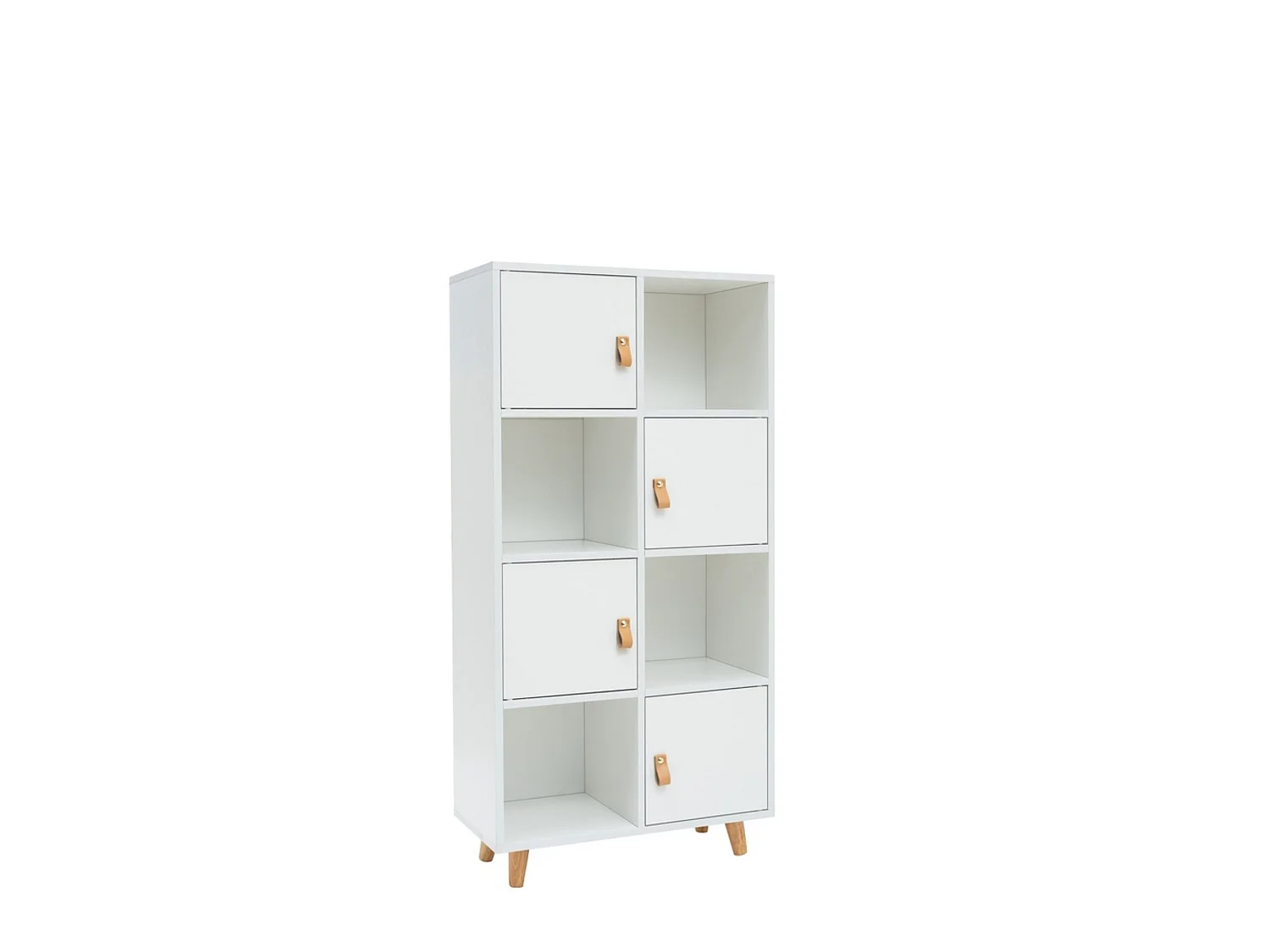 Estantería Blanca con Puertas y Tiradores en Símil Cuero – 60x29x119 cm – Mueble Auxiliar Moderno con Patas de Madera de Pino