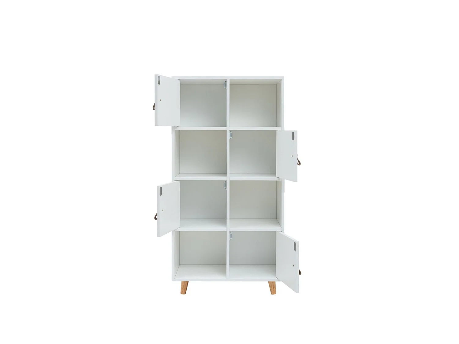 Estantería Blanca con Puertas y Tiradores en Símil Cuero – 60x29x119 cm – Mueble Auxiliar Moderno con Patas de Madera de Pino
