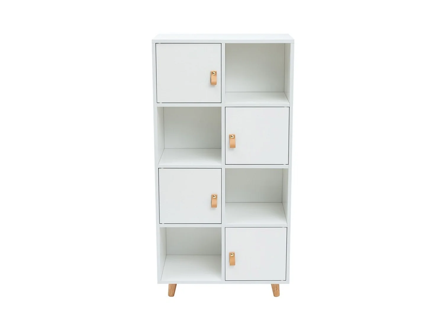 Estantería Blanca con Puertas y Tiradores en Símil Cuero – 60x29x119 cm – Mueble Auxiliar Moderno con Patas de Madera de Pino