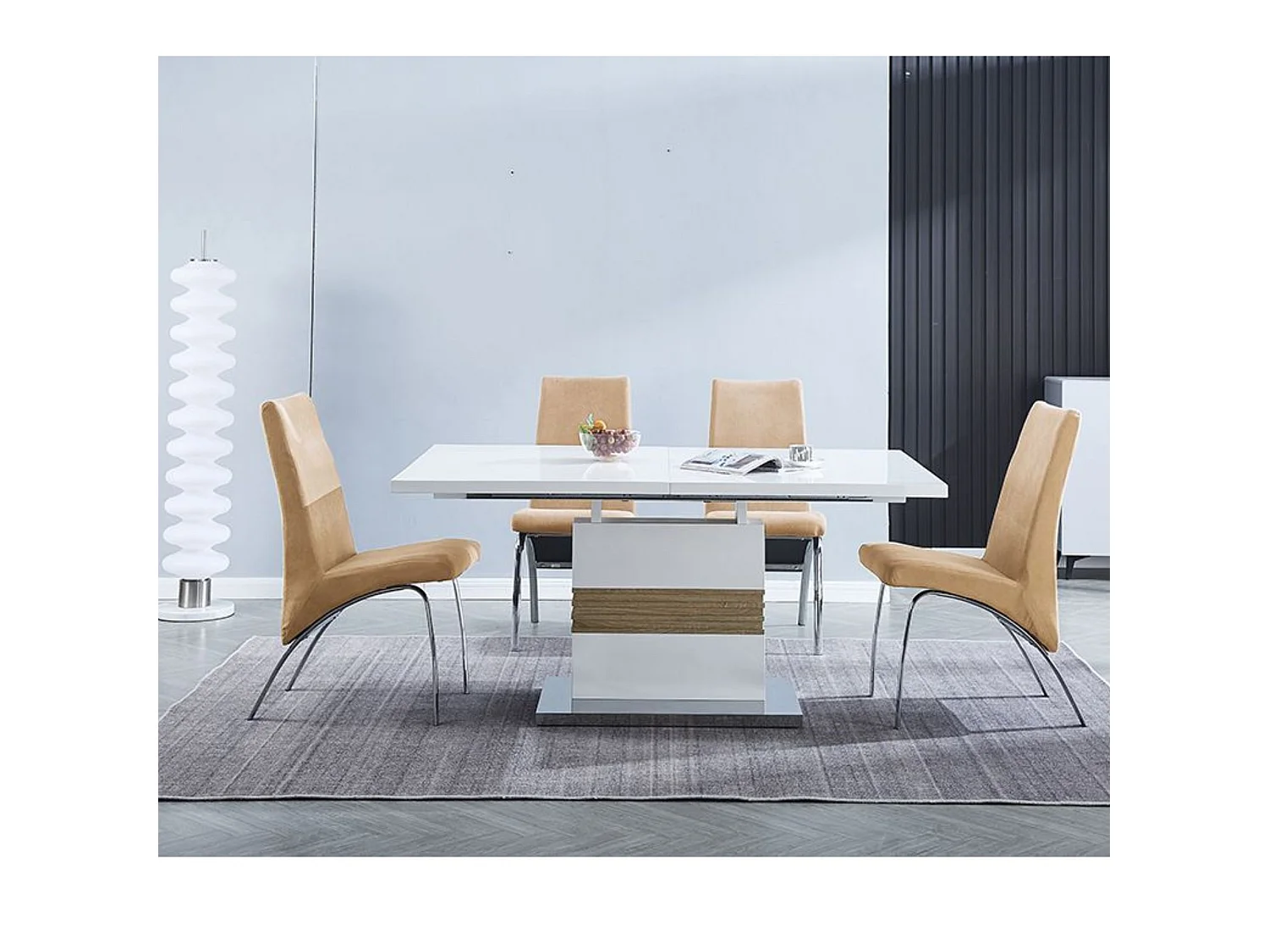 Conjunto de Comedor Extensible – Mesa Lacada Blanco Brillo y Cambria + 4 Sillas Tapizadas en Microfibra Color Marengo con Patas Cromadas