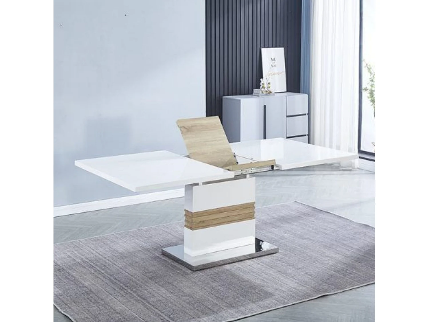 Conjunto de Comedor Extensible – Mesa Lacada Blanco Brillo y Cambria + 4 Sillas Tapizadas en Microfibra Color Marengo con Patas Cromadas