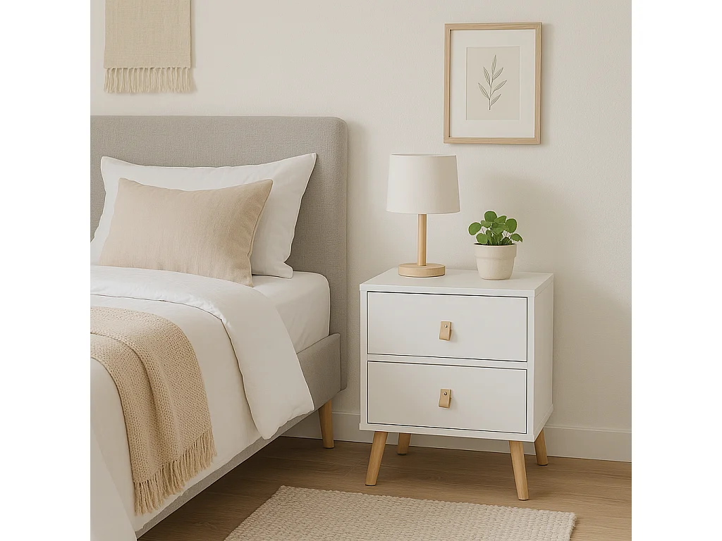 Conjunto de Dormitorio Blanco – Cabecero de 168 cm + 2 Mesitas de Noche con Cajones – Estilo Nórdico Moderno con Patas de Madera Natural y Tiradores