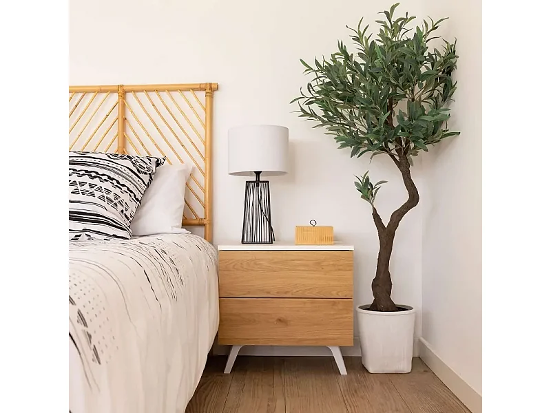 Cabecero de Matrimonio con Luces LED + 2 Mesitas de Noche – Diseño Nórdico en Blanco Veteado y Roble – Dormitorio Moderno.