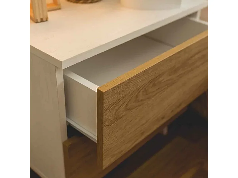 Cabecero de Matrimonio con Luces LED + 2 Mesitas de Noche – Diseño Nórdico en Blanco Veteado y Roble – Dormitorio Moderno.